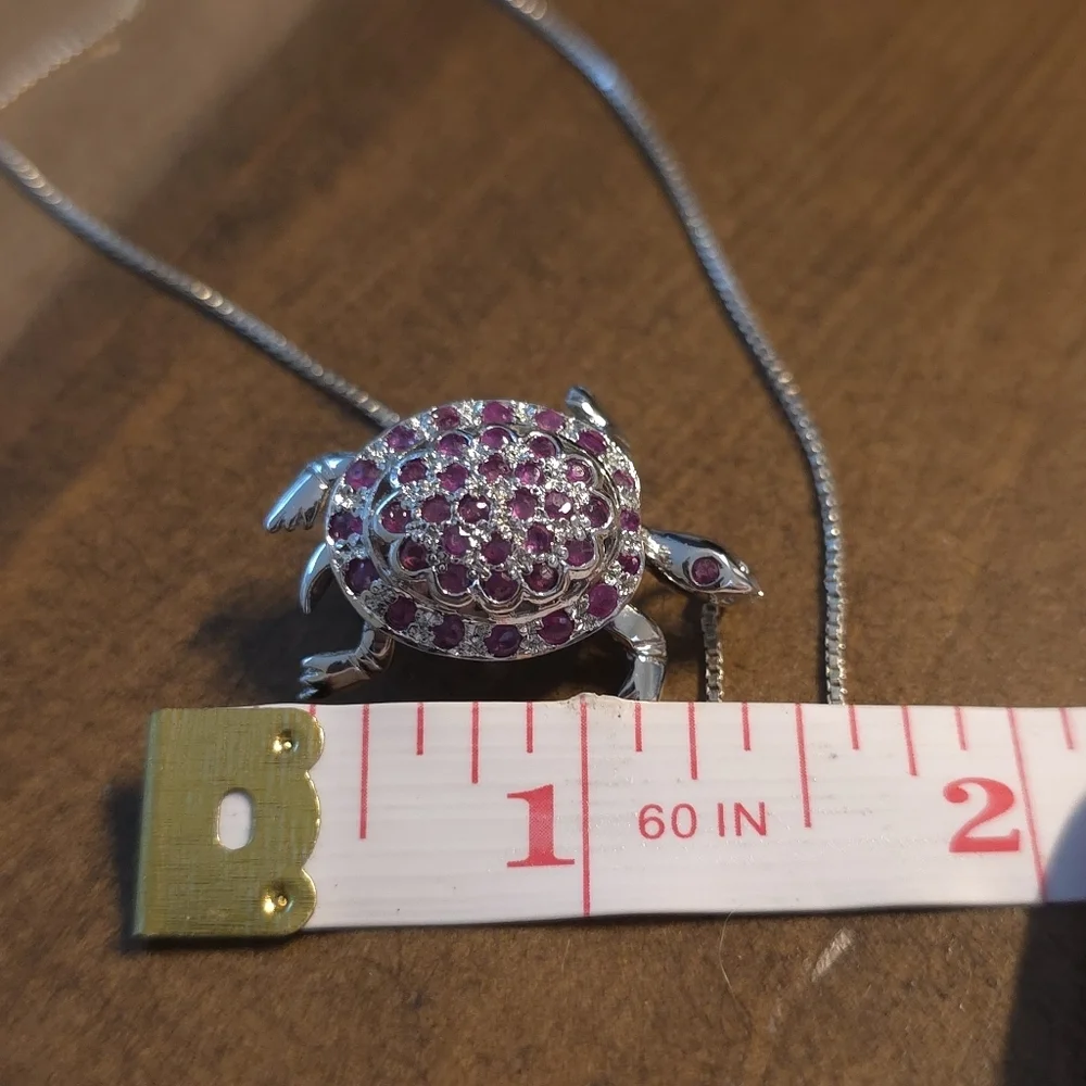 CHAPAL ZENRAY NATURAL RUBY, STERLING 925 TURTLE PENDANT/PIN W/CHAIN 18 IN 11 GR